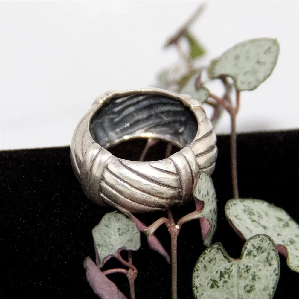 VTG HEAVY Sterling Silver Ribbed Wide Band Statement Ring Size 8 925 VTG